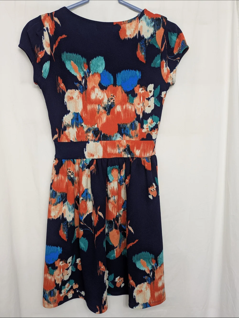 Three Hearts Navy Floral V-Neck Midi Dress with Teal & Coral Accents